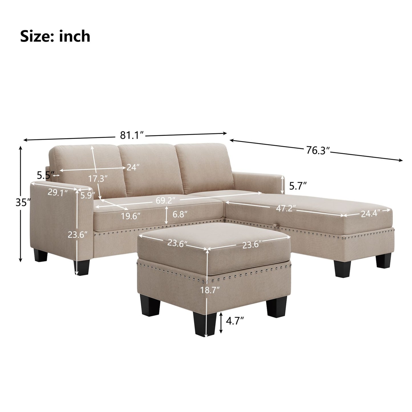 Melysen 81.1*76.3*35" Reversible Sectional Couch with Storage Ottoman L-Shaped Sofa,Sectional Sofa with Chaise,Nailheaded Textured Fabric 3 pieces Sofa Set,Warm Grey