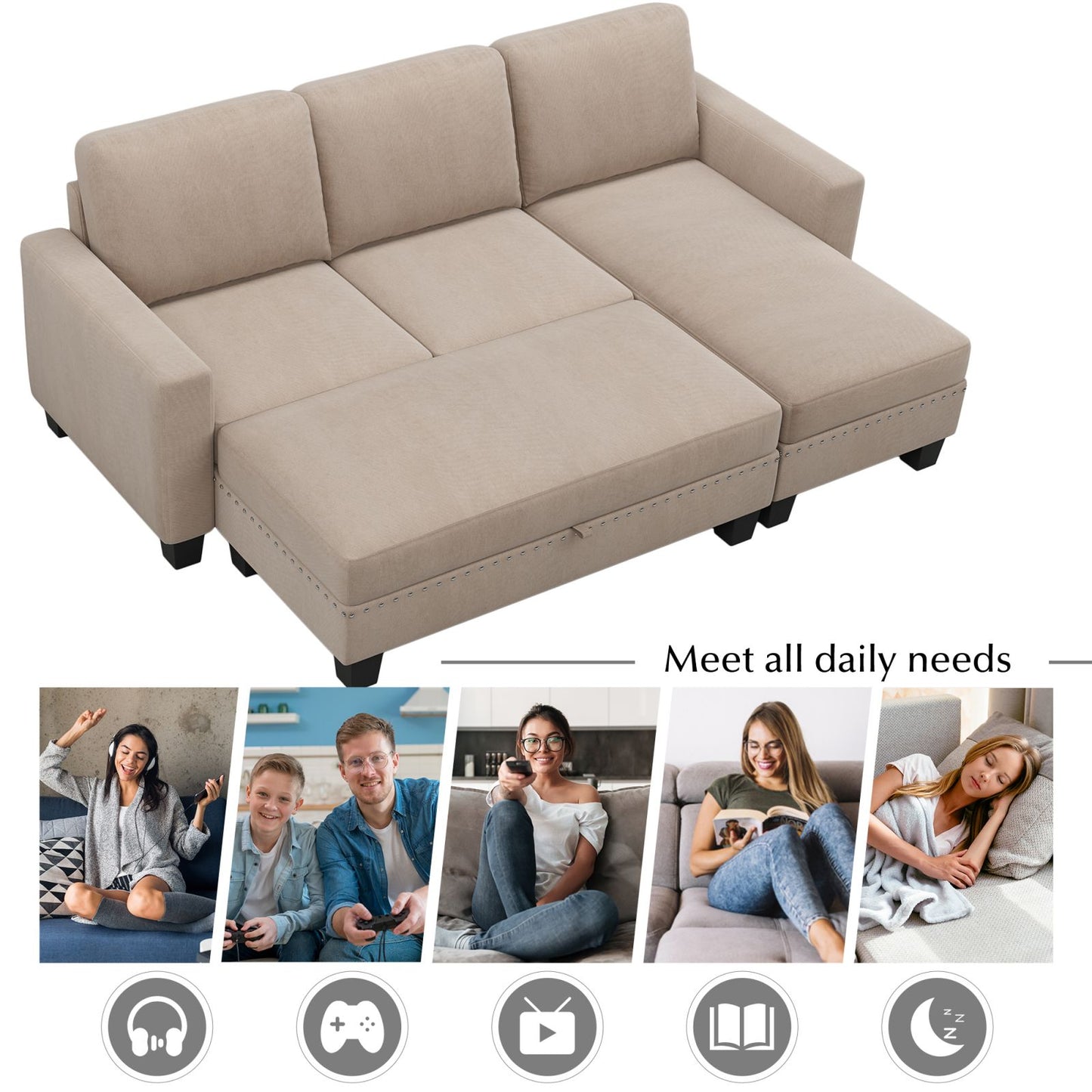 Melysen 81" Reversible Sectional Couch with Storage Chaise L-Shaped Sofa for Apartment Sectional Set ,Sectional Sofa with Ottoman,Nailhead Textured Linen Fabric 3 pieces Sofa Set,Warm Grey