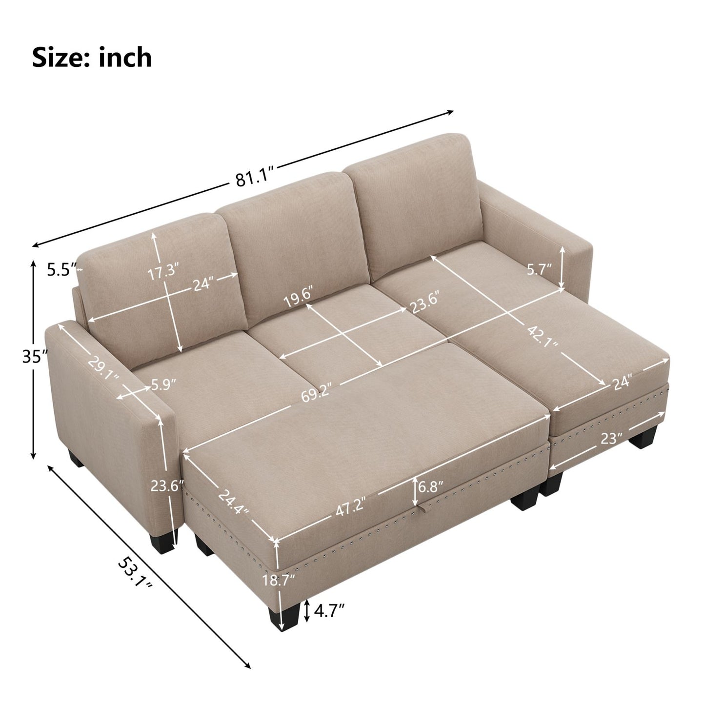 Melysen 81" Reversible Sectional Couch with Storage Chaise L-Shaped Sofa for Apartment Sectional Set ,Sectional Sofa with Ottoman,Nailhead Textured Linen Fabric 3 pieces Sofa Set,Warm Grey