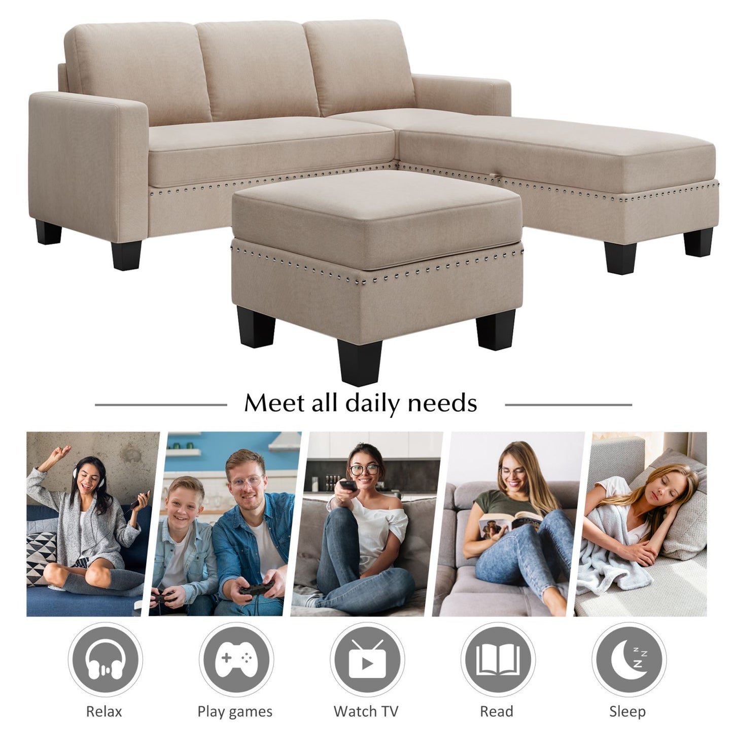 Melysen 81.1*76.3*35" Reversible Sectional Couch with Storage Ottoman L-Shaped Sofa,Sectional Sofa with Chaise,Nailheaded Textured Fabric 3 pieces Sofa Set,Warm Grey