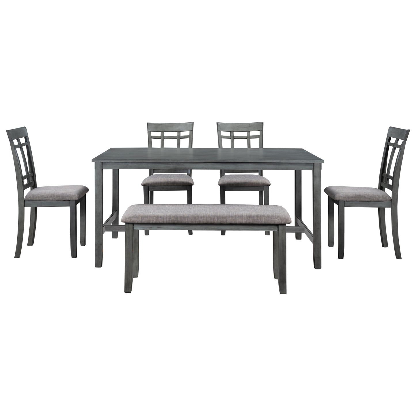 Melysen 6 Piece Wooden Dining Table set, Kitchen Table set with 4 Chairs and Bench, Farmhouse Rustic Style,Gray