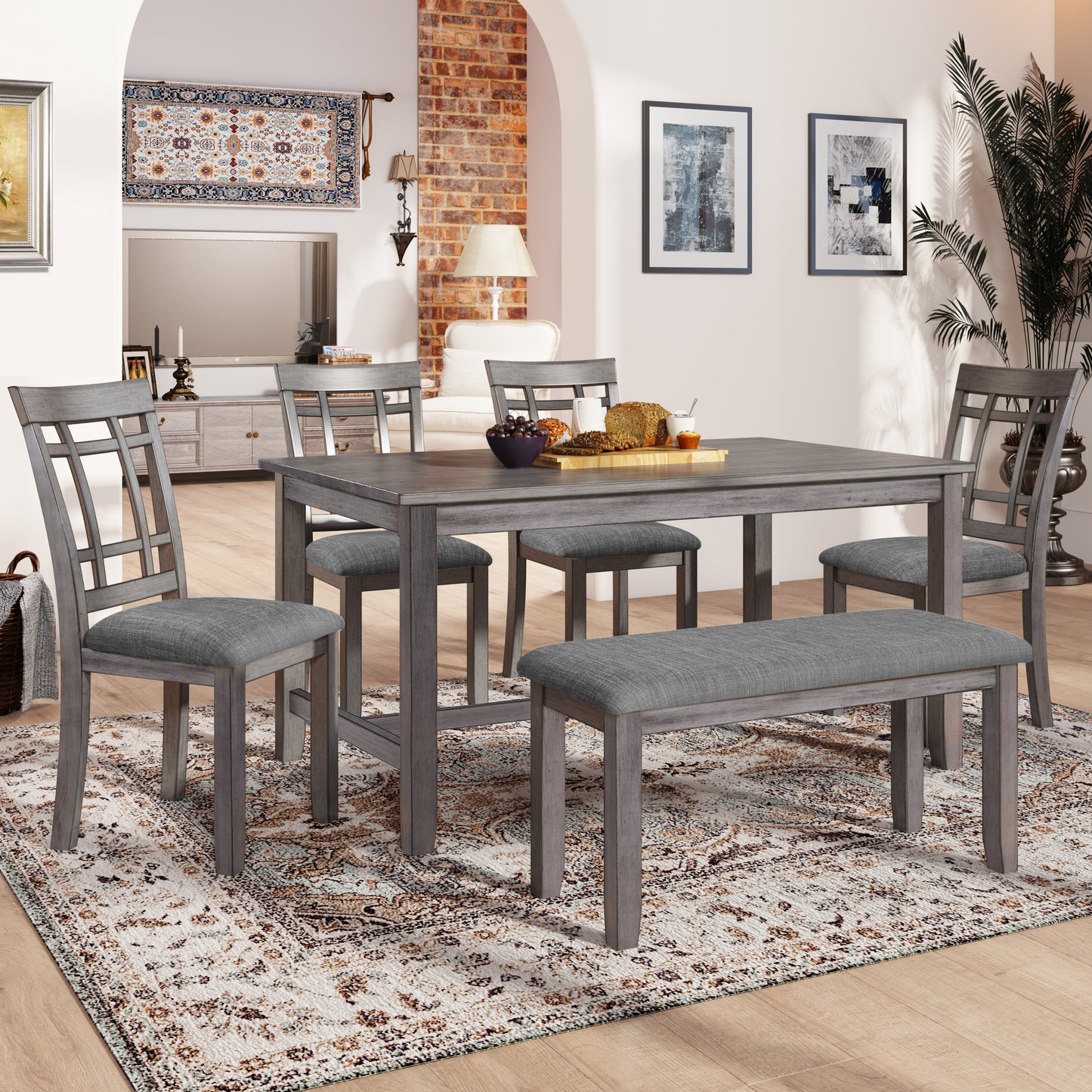 Melysen 6 Piece Wooden Dining Table set, Kitchen Table set with 4 Chairs and Bench, Farmhouse Rustic Style,Gray