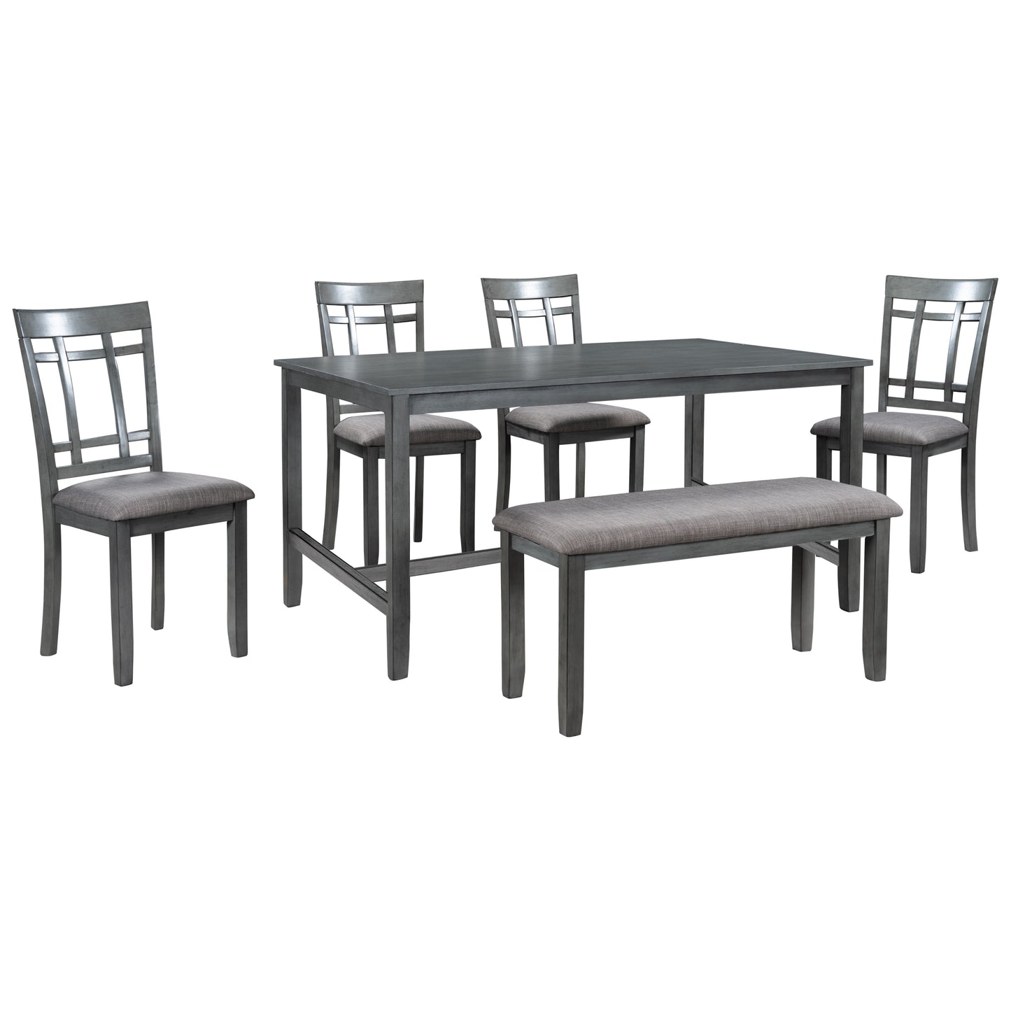 Melysen 6 Piece Wooden Dining Table set, Kitchen Table set with 4 Chairs and Bench, Farmhouse Rustic Style,Gray