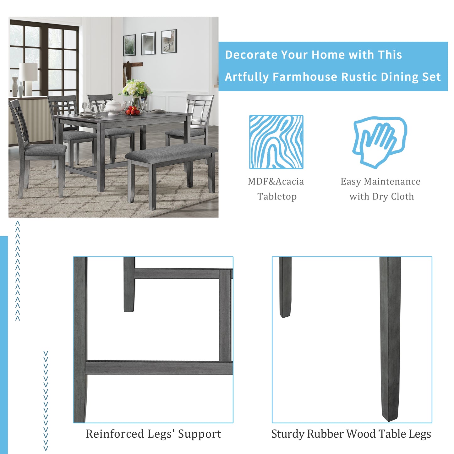 Melysen 6 Piece Wooden Dining Table set, Kitchen Table set with 4 Chairs and Bench, Farmhouse Rustic Style,Gray