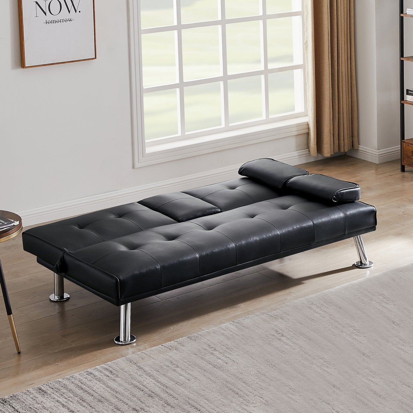 Melysen Black Faux Leather Loveseat Sofa Bed with Cup Holders,Convertible Folding Sleeper Couch Bed