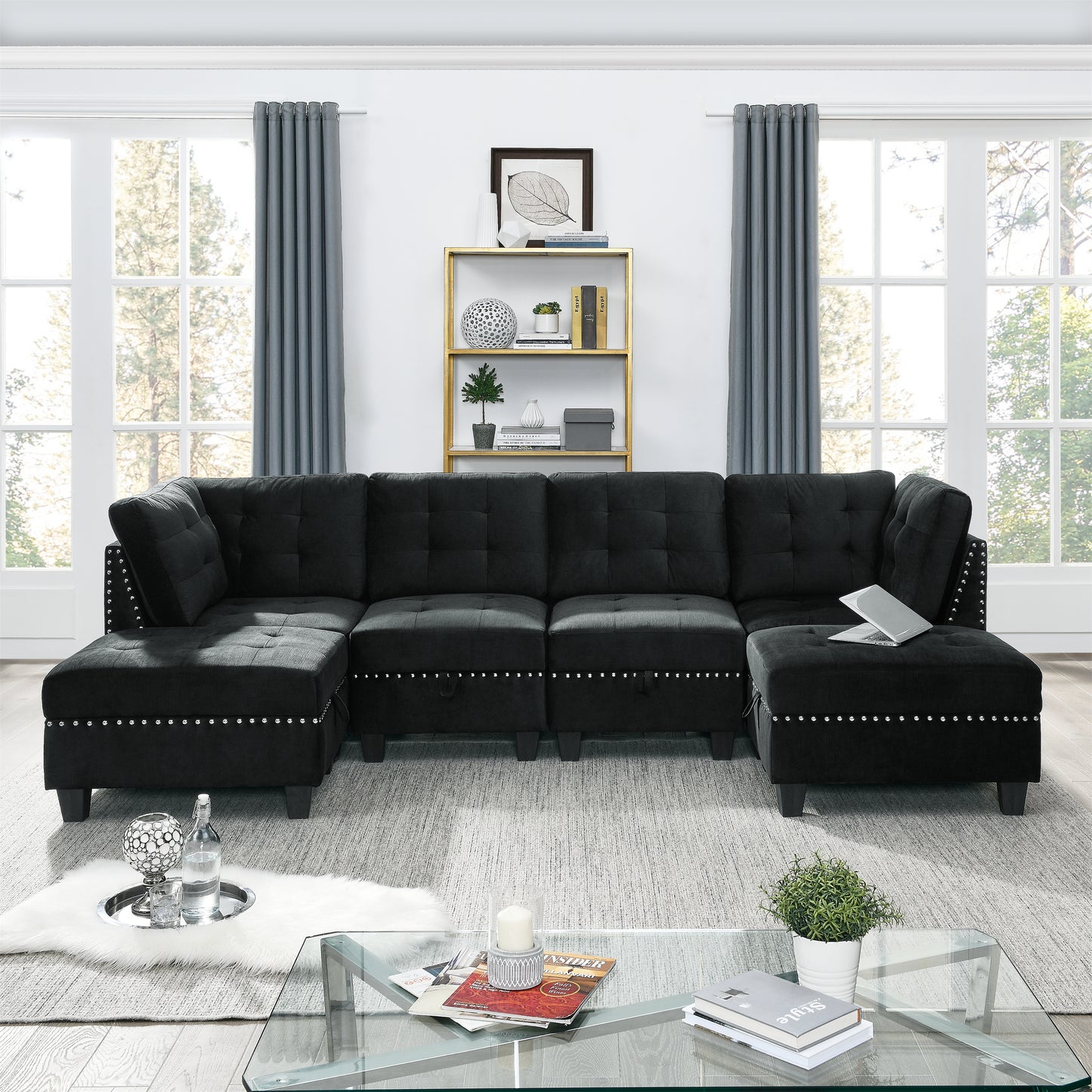 Melysen Modular Sectional Sofa,DIY Combination Sofa,Velvet,Black