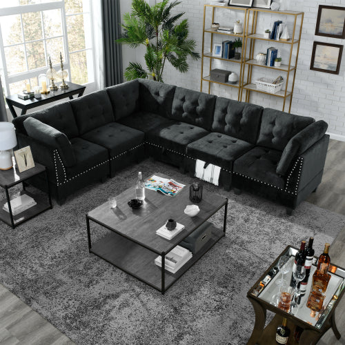 Melysen Modular Sectional Sofa,DIY Combination Sofa,Velvet,Black