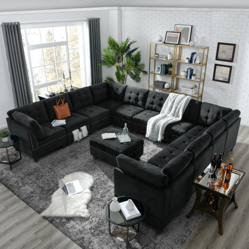 Melysen Modular Sectional Sofa,DIY Combination Sofa,Velvet,Black