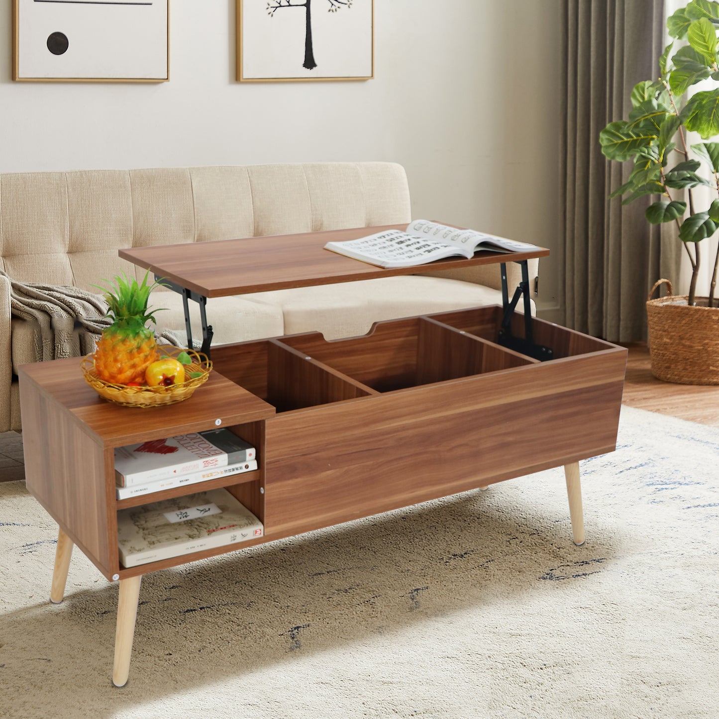 Melysen Modern Living Room Adjustable Coffee Table With Storage Space,Brown+Beige