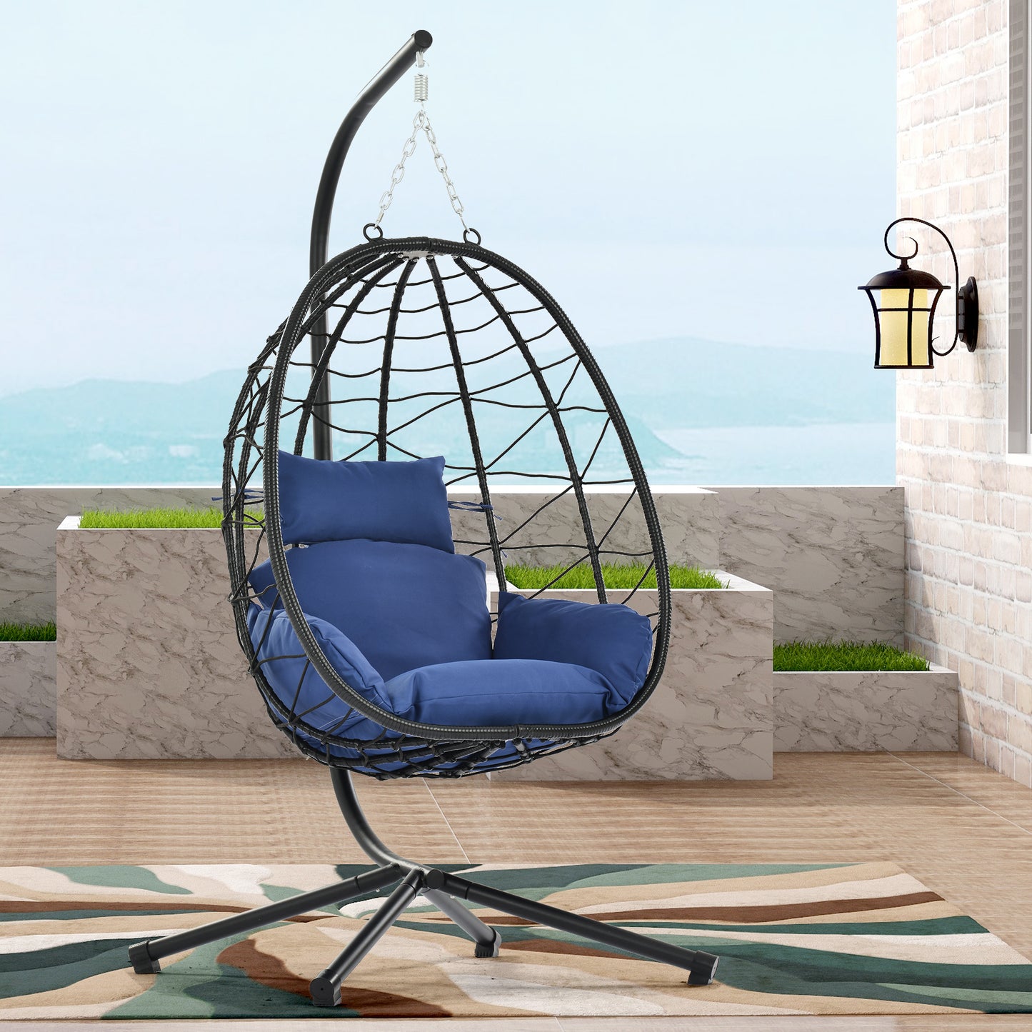 Melysen Egg Chair with Stand Indoor Outdoor Swing Chair Patio Wicker Hanging Egg Chair Hanging Basket Chair Hammock Chair with Stand for Bedroom Living Room Balcony,Navy Blue