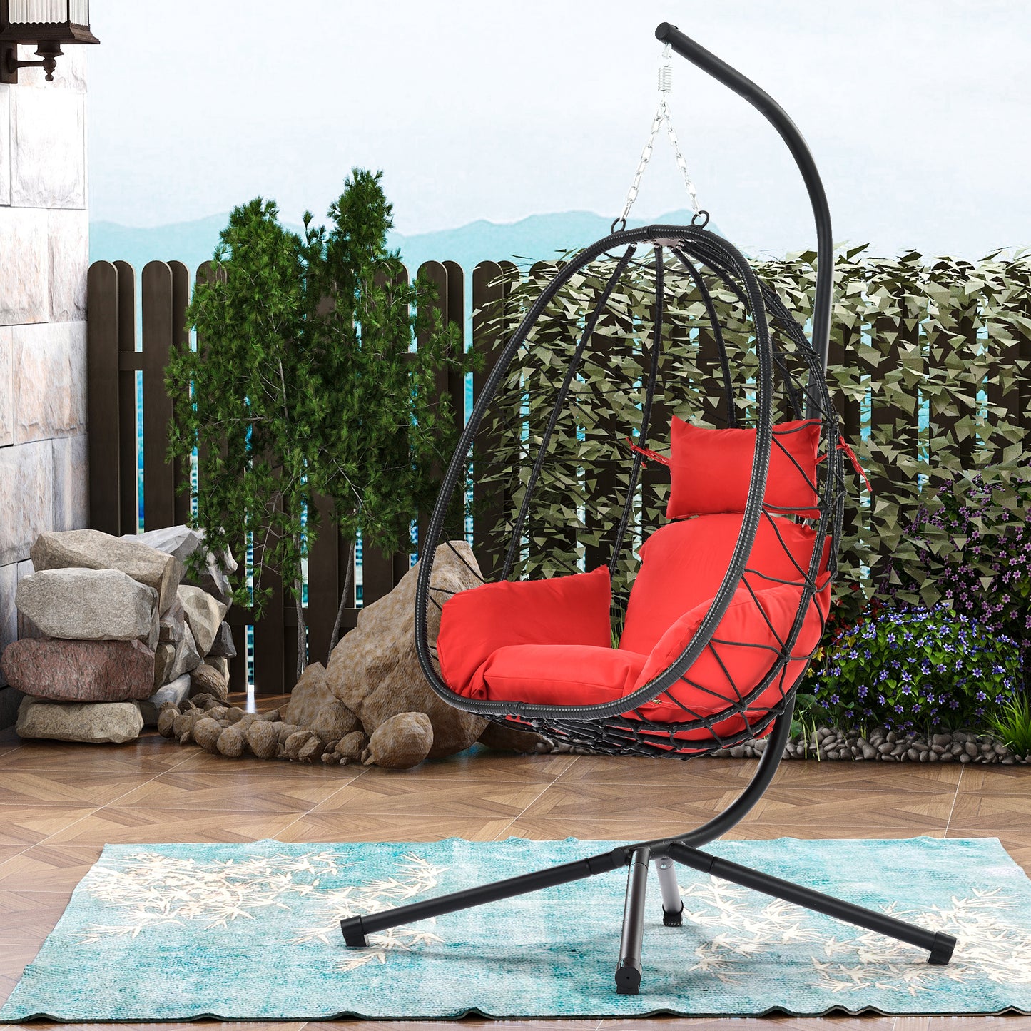 Melysen Egg Chair with Stand Indoor Outdoor Swing Chair Patio Wicker Hanging Egg Chair Hanging Basket Chair Hammock Chair with Stand for Bedroom Living Room Balcony,Red