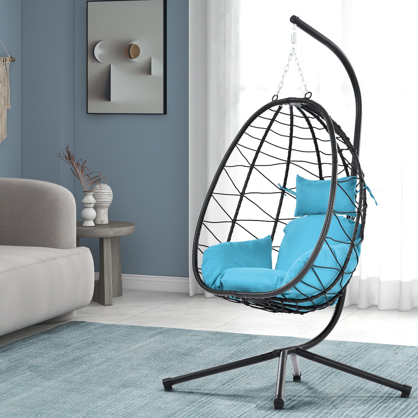 Melysen Egg Chair with Stand Indoor Outdoor Swing Chair Patio Wicker Hanging Egg Chair Hanging Basket Chair Hammock Chair with Stand for Bedroom Living Room Balcony,Light Blue