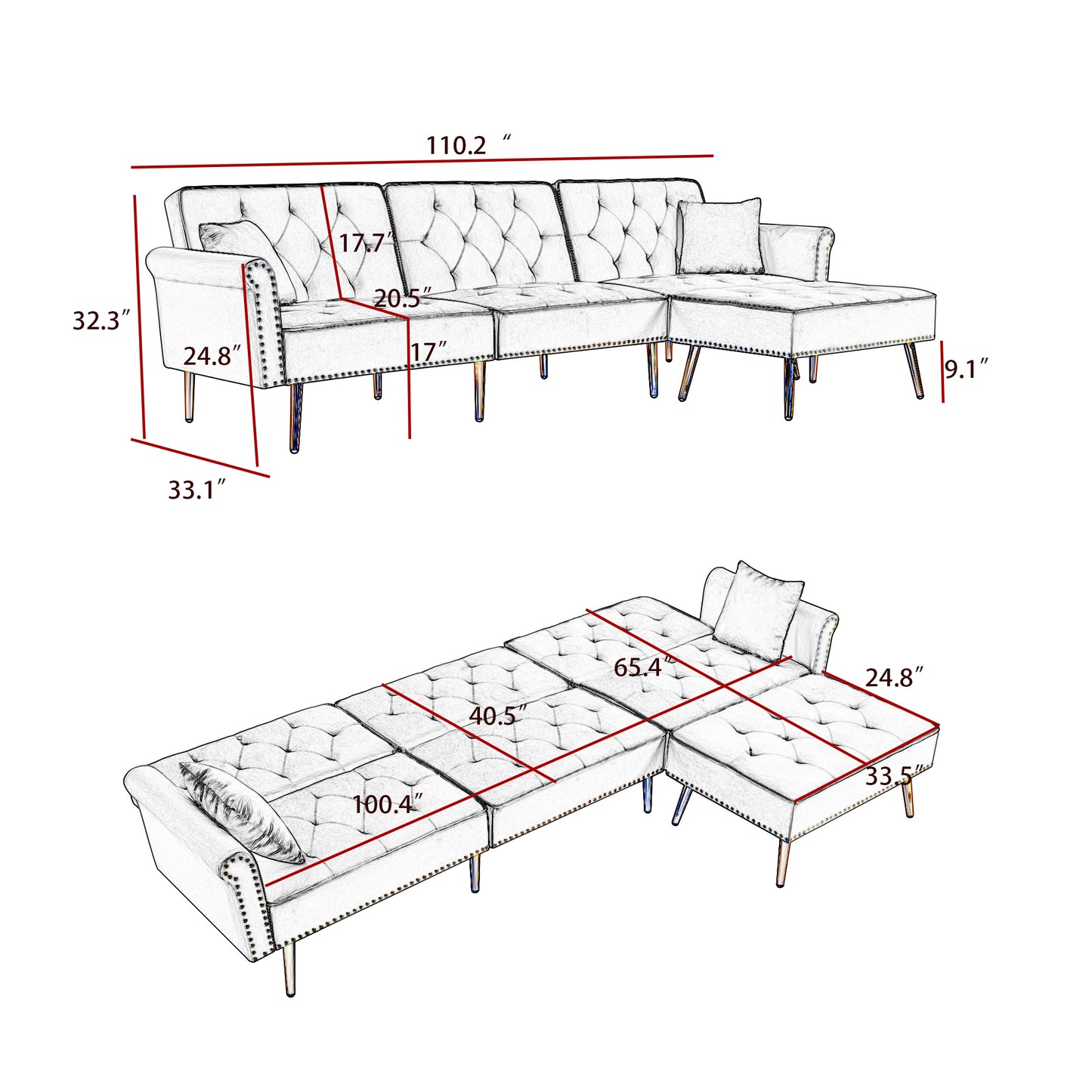 Melysen Modern Velvet Upholstered Reversible Sectional Sofa Bed £¬L-Shaped Couch with Movable Ottoman and Nailhead Trim For Living Room