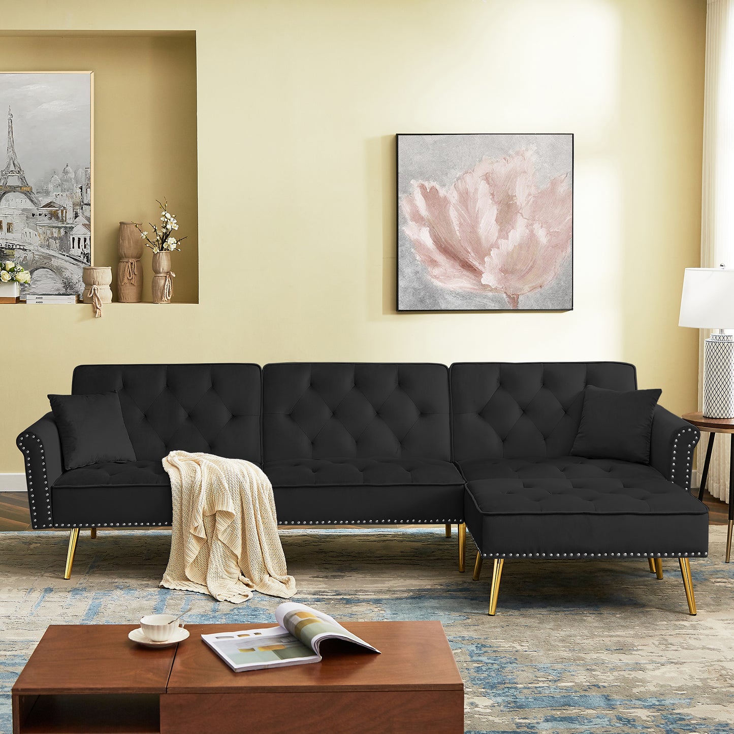 Melysen Modern Velvet Upholstered Reversible Sectional Sofa Bed £¬L-Shaped Couch with Movable Ottoman and Nailhead Trim For Living Room