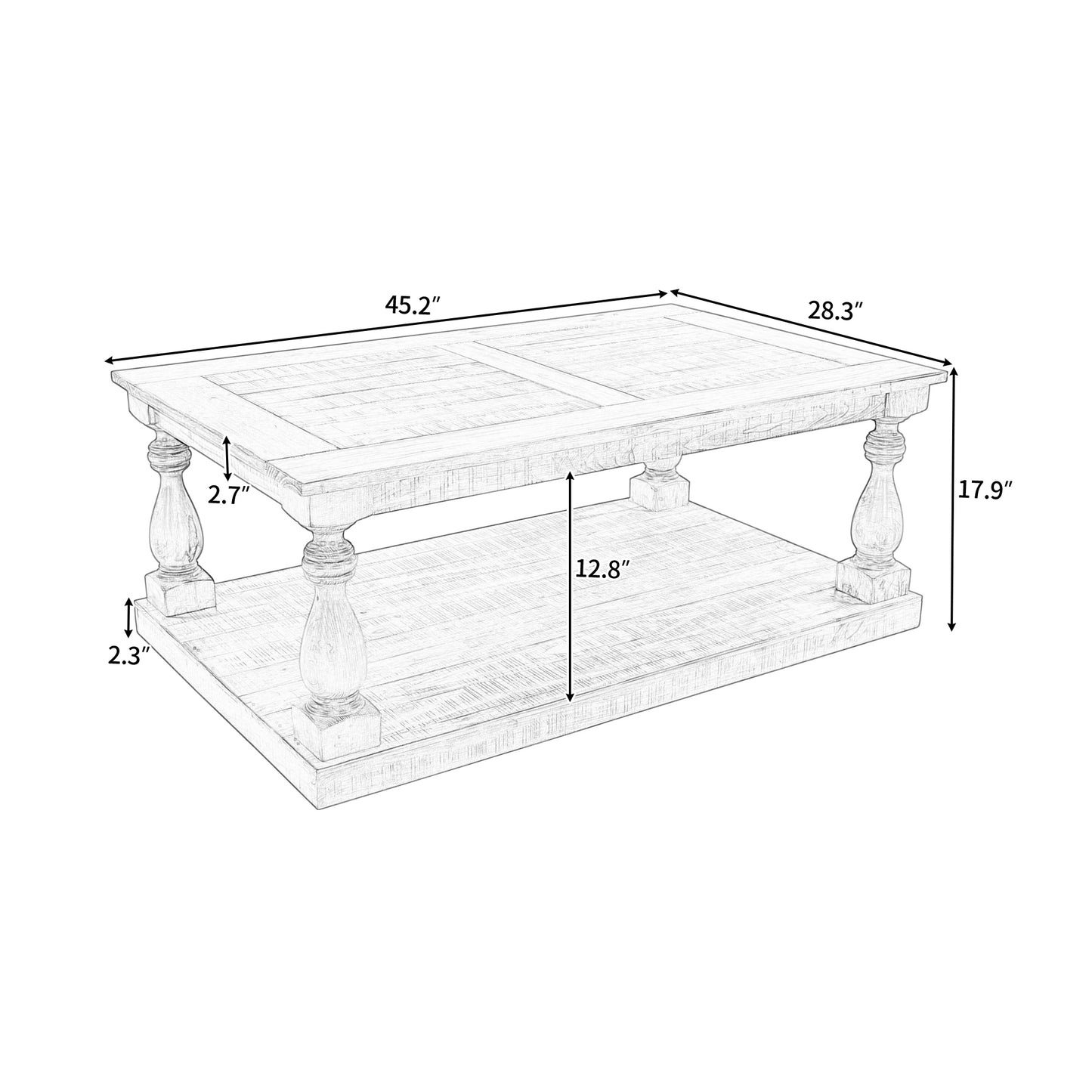 Melysen Rustic Floor Shelf Coffee Table with Storage,Solid Pine Wood