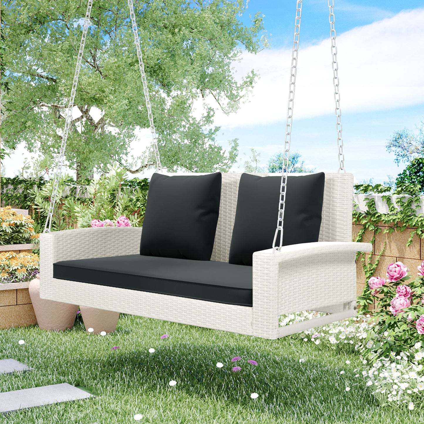 Melysen 2-Person Wicker Hanging Porch Swing with Chains, Cushion, Pillow, Rattan Swing Bench for Garden, Backyard, Pond. (White Wicker, Gray Cushion)