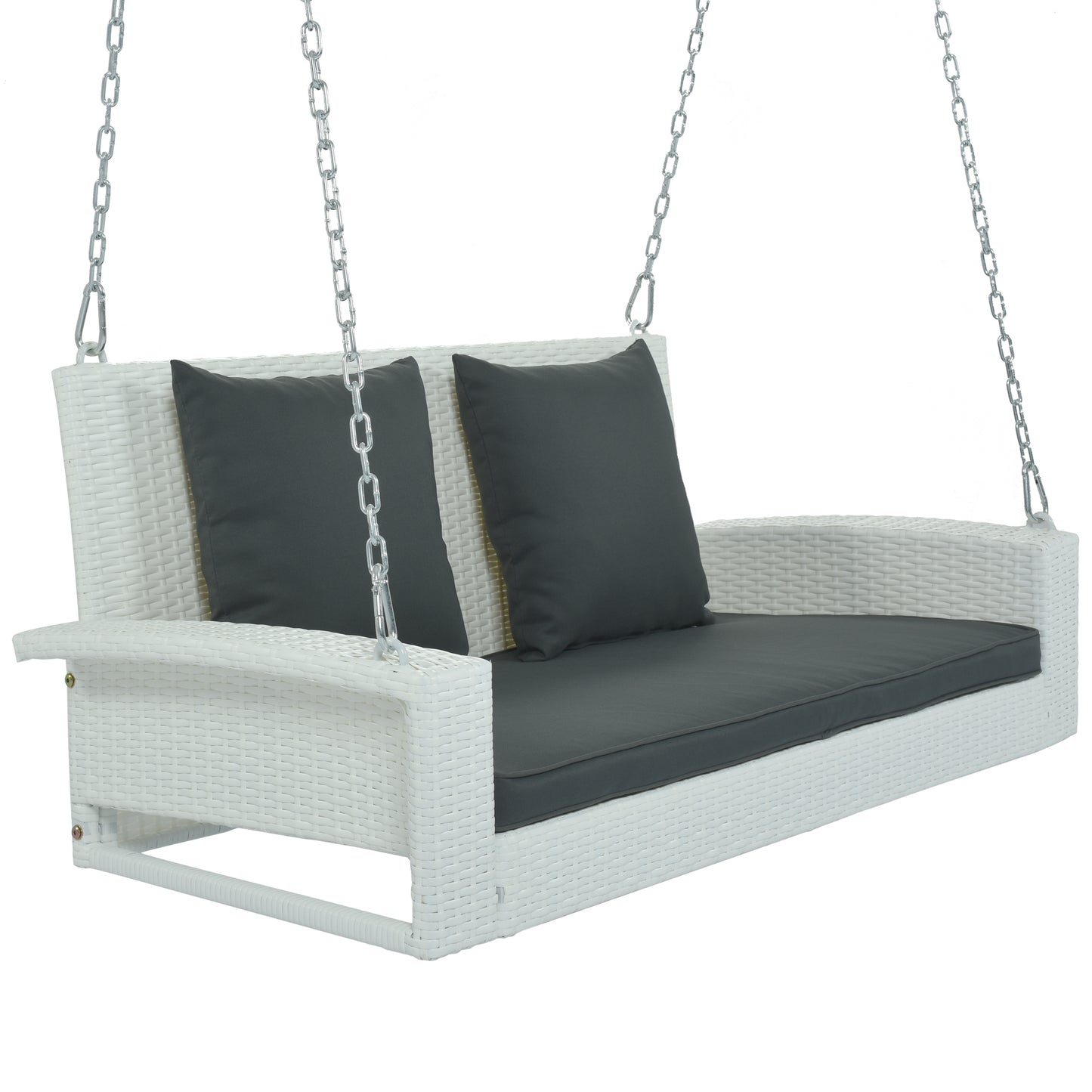 Melysen 2-Person Wicker Hanging Porch Swing with Chains, Cushion, Pillow, Rattan Swing Bench for Garden, Backyard, Pond. (White Wicker, Gray Cushion)