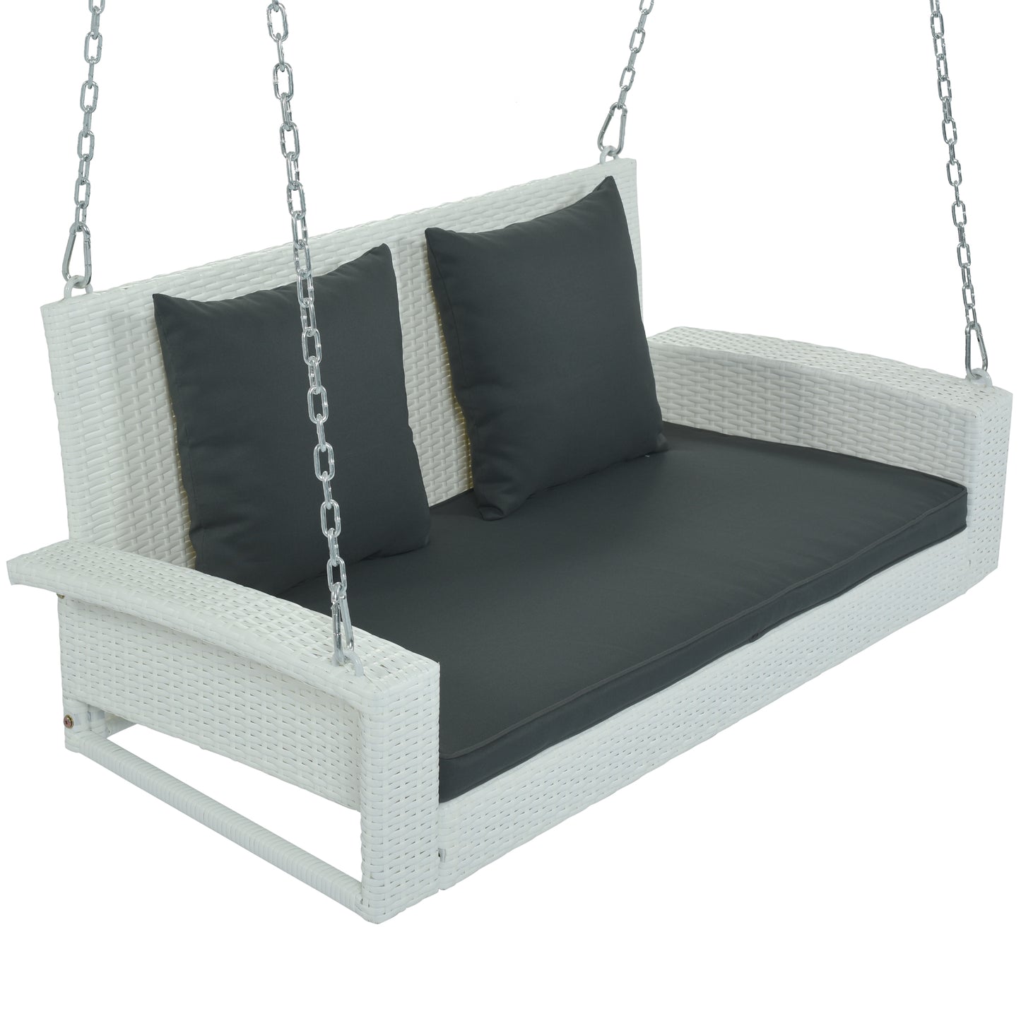 Melysen 2-Person Wicker Hanging Porch Swing with Chains, Cushion, Pillow, Rattan Swing Bench for Garden, Backyard, Pond. (White Wicker, Gray Cushion)