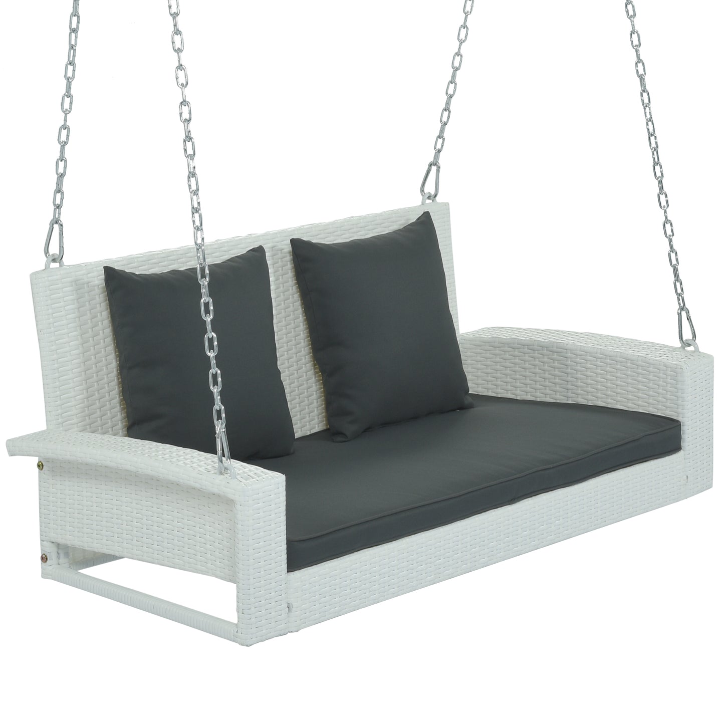 Melysen 2-Person Wicker Hanging Porch Swing with Chains, Cushion, Pillow, Rattan Swing Bench for Garden, Backyard, Pond. (White Wicker, Gray Cushion)