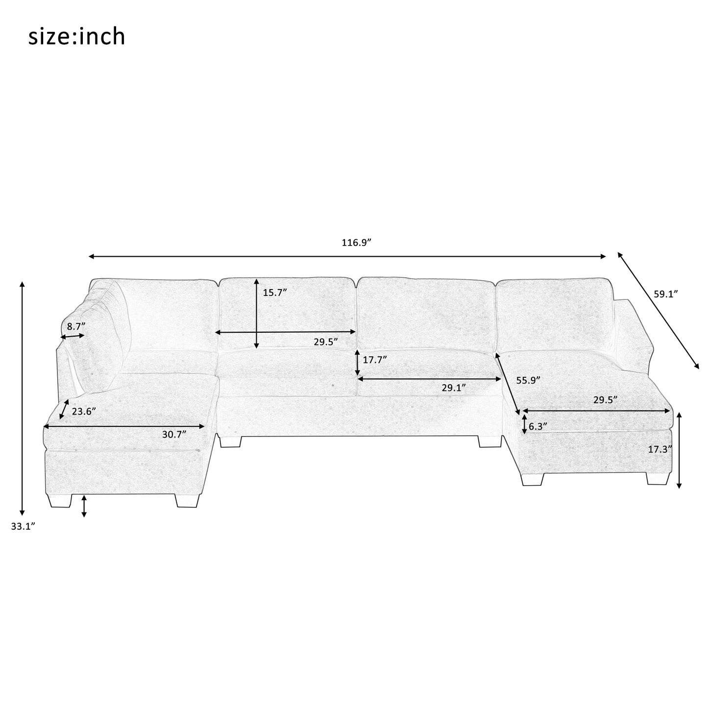 Melysen Modern Large  U-Shape Sectional Sofa, Double Extra Wide Chaise Lounge Couch,  Beige