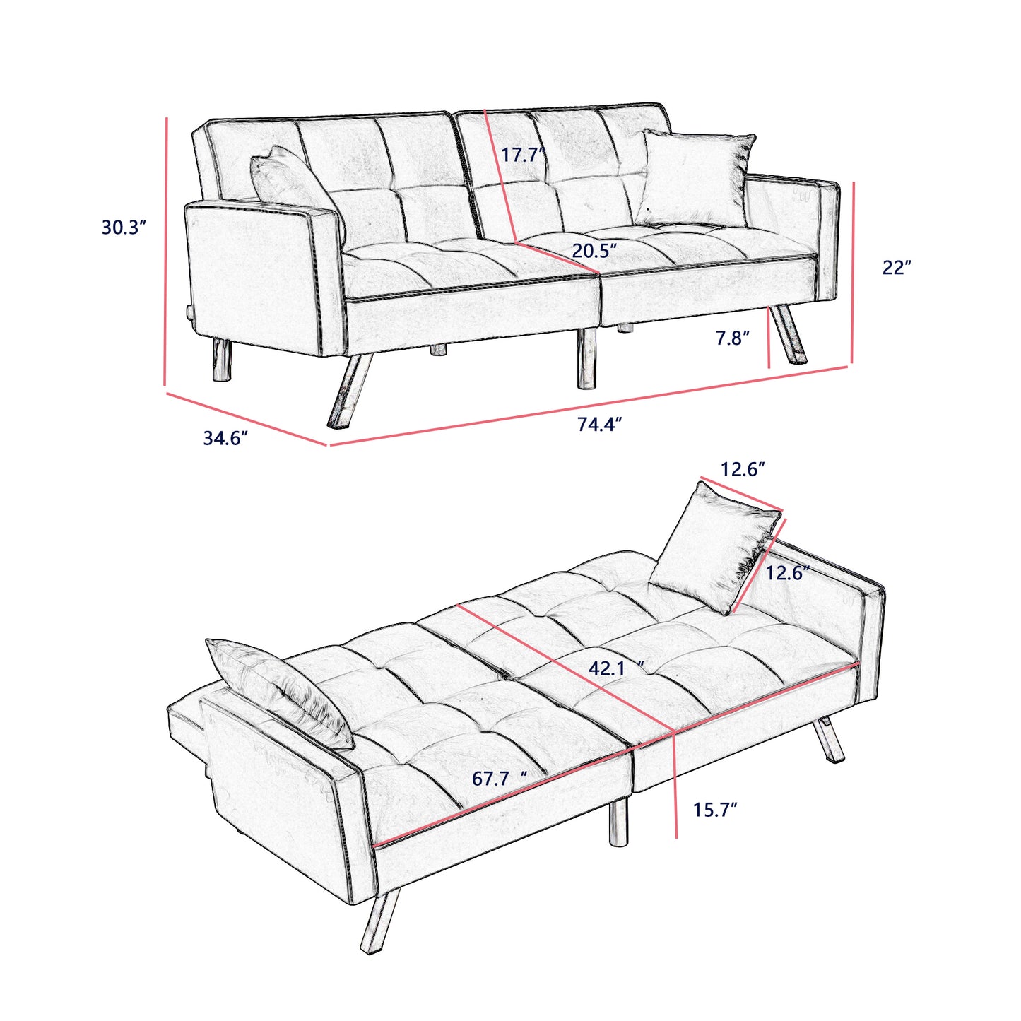 Melysen Cream White Velvet Sofa Couch Bed with Armrests and 2 Pillows for Living Room and Bedroom(White)