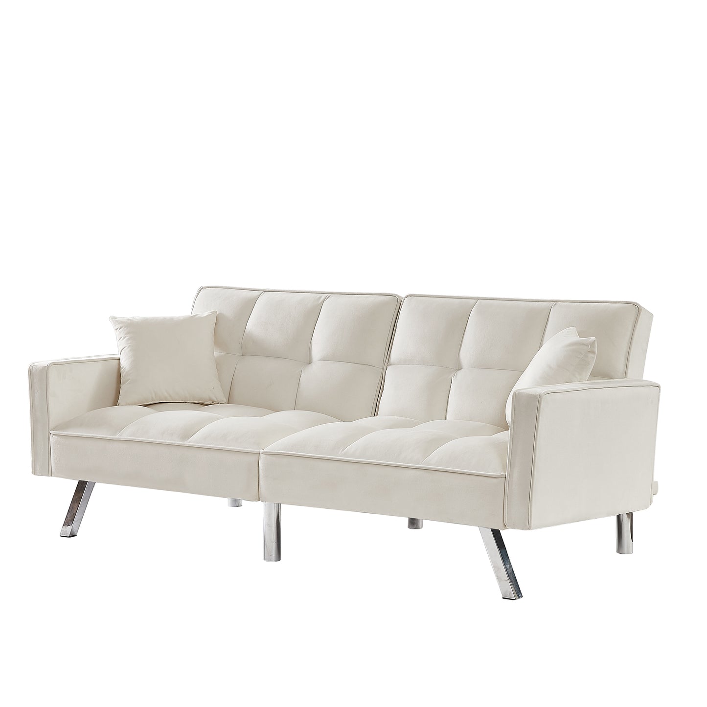 Melysen Cream White Velvet Sofa Couch Bed with Armrests and 2 Pillows for Living Room and Bedroom(White)