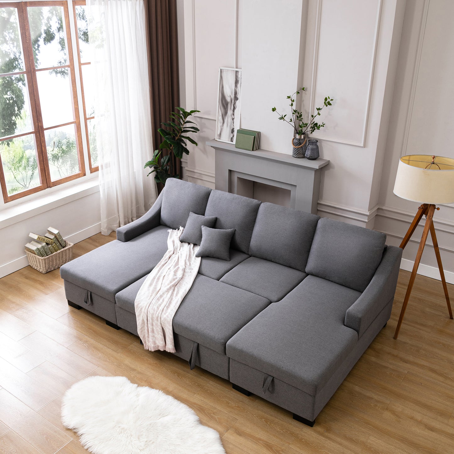 Melysen Upholstery Sleeper Sectional Sofa with Double Storage Spaces, 2 Tossing Cushions, Grey