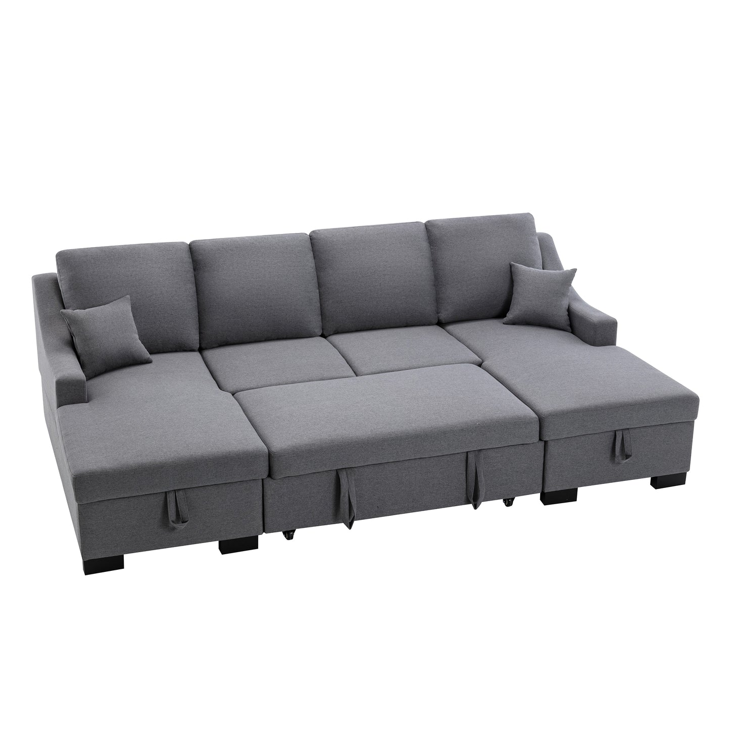 Melysen Upholstery Sleeper Sectional Sofa with Double Storage Spaces, 2 Tossing Cushions, Grey