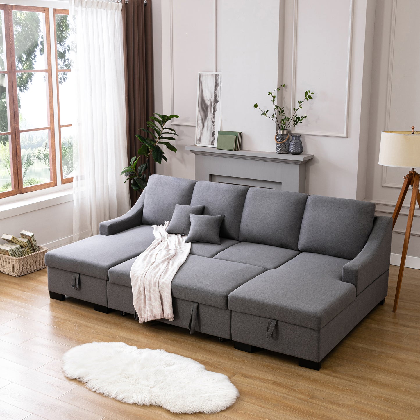 Melysen Upholstery Sleeper Sectional Sofa with Double Storage Spaces, 2 Tossing Cushions, Grey