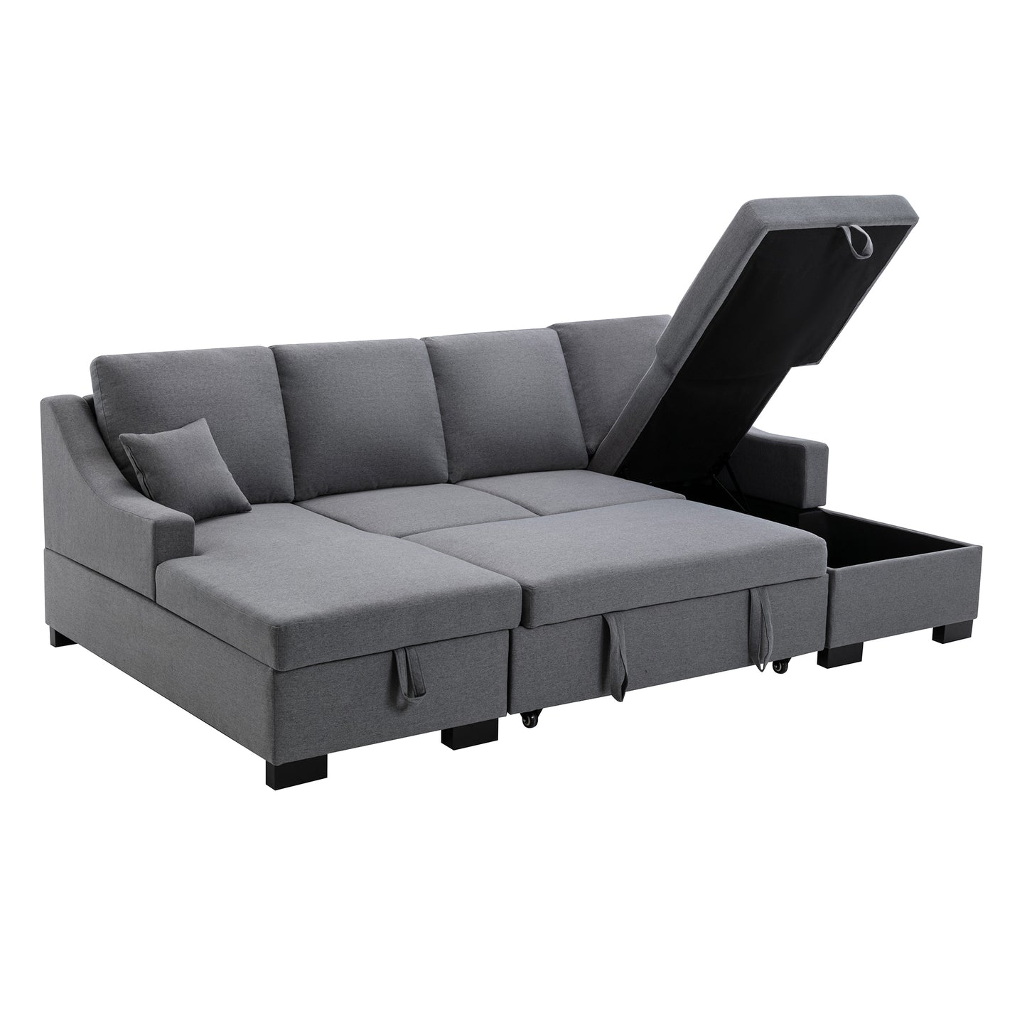 Melysen Upholstery Sleeper Sectional Sofa with Double Storage Spaces, 2 Tossing Cushions, Grey