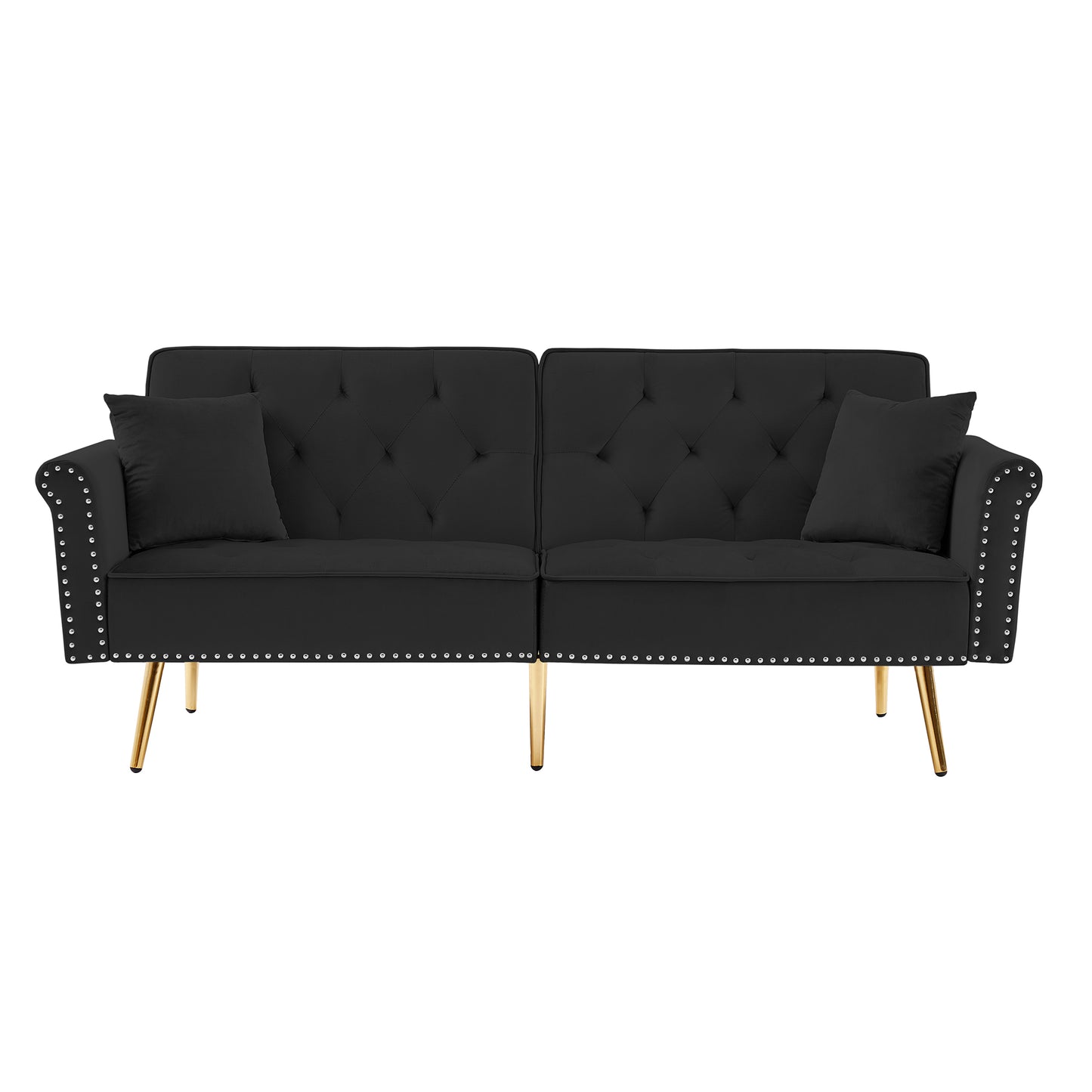 Melysen Modern Velvet Tufted Sofa Couch with 2 Pillows and Nailhead Trim,Loveseat Sofa Futon Sofa Bed with Metal Legs for Living Room