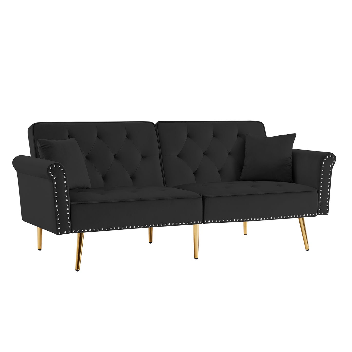 Melysen Modern Velvet Tufted Sofa Couch with 2 Pillows and Nailhead Trim,Loveseat Sofa Futon Sofa Bed with Metal Legs for Living Room