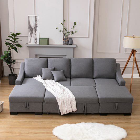 Melysen Upholstery Sleeper Sectional Sofa with Double Storage Spaces, 2 Tossing Cushions, Grey