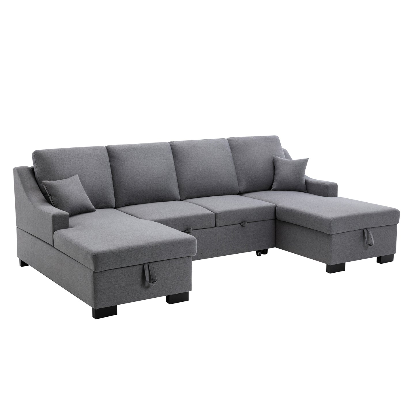 Melysen Upholstery Sleeper Sectional Sofa with Double Storage Spaces, 2 Tossing Cushions, Grey