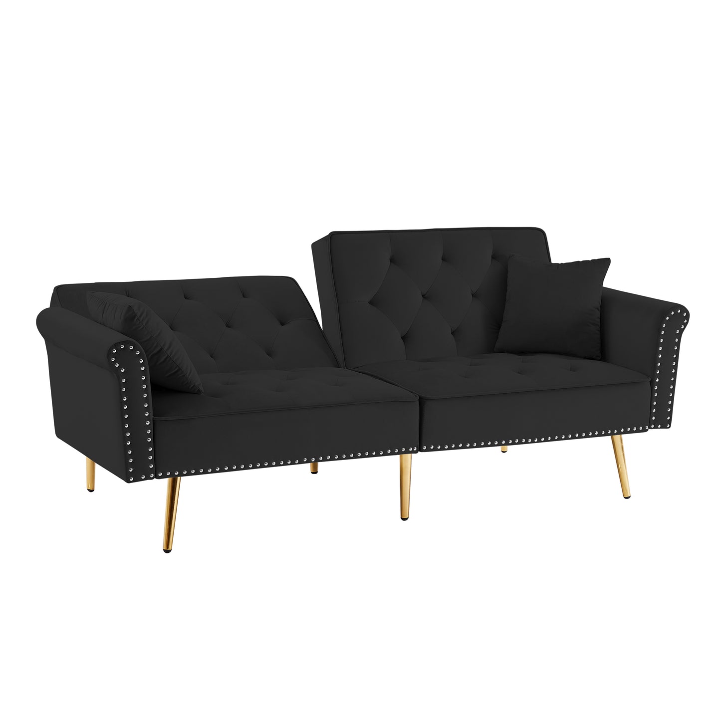 Melysen Modern Velvet Tufted Sofa Couch with 2 Pillows and Nailhead Trim,Loveseat Sofa Futon Sofa Bed with Metal Legs for Living Room