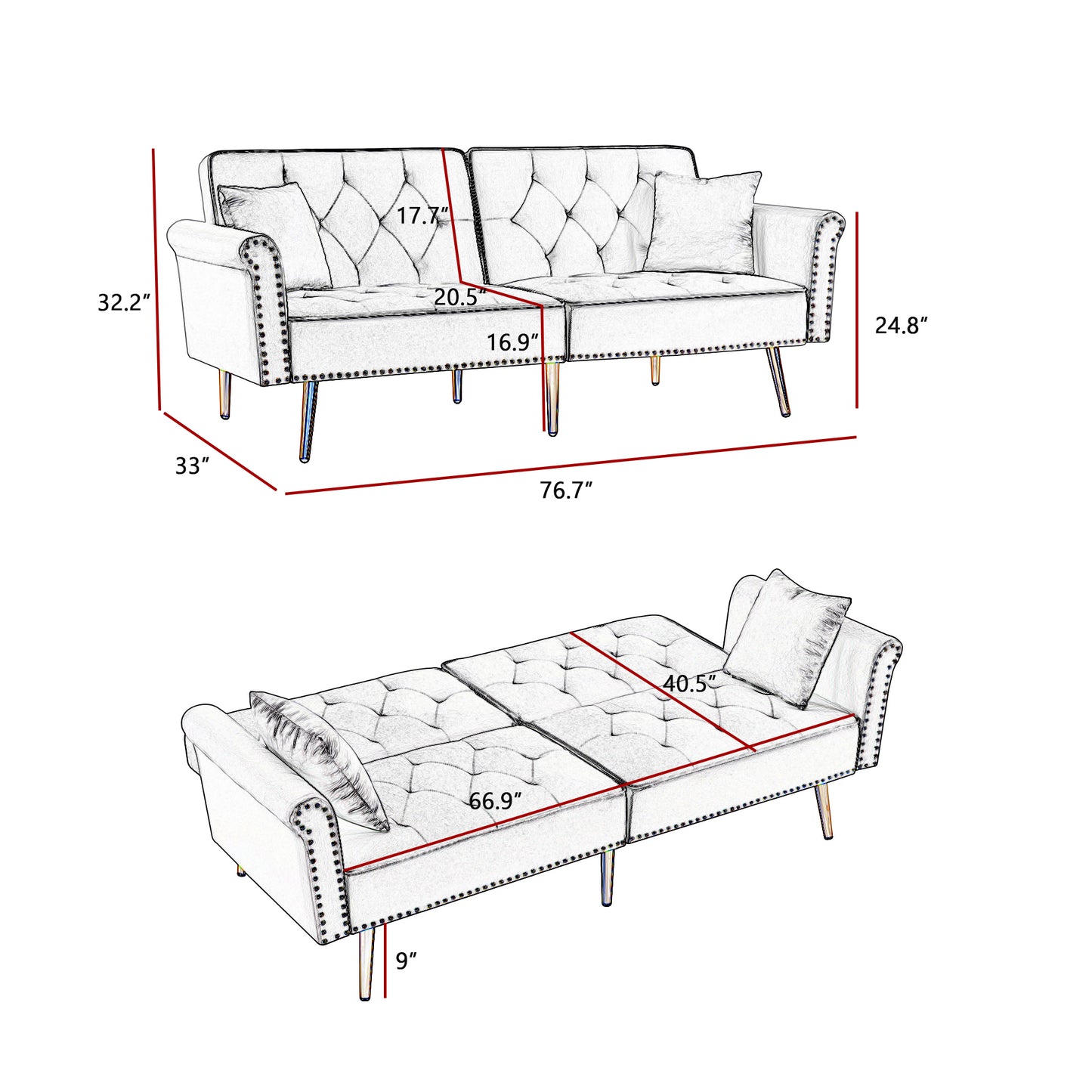 Melysen Modern Velvet Tufted Sofa Couch with 2 Pillows and Nailhead Trim,Loveseat Sofa Futon Sofa Bed with Metal Legs for Living Room