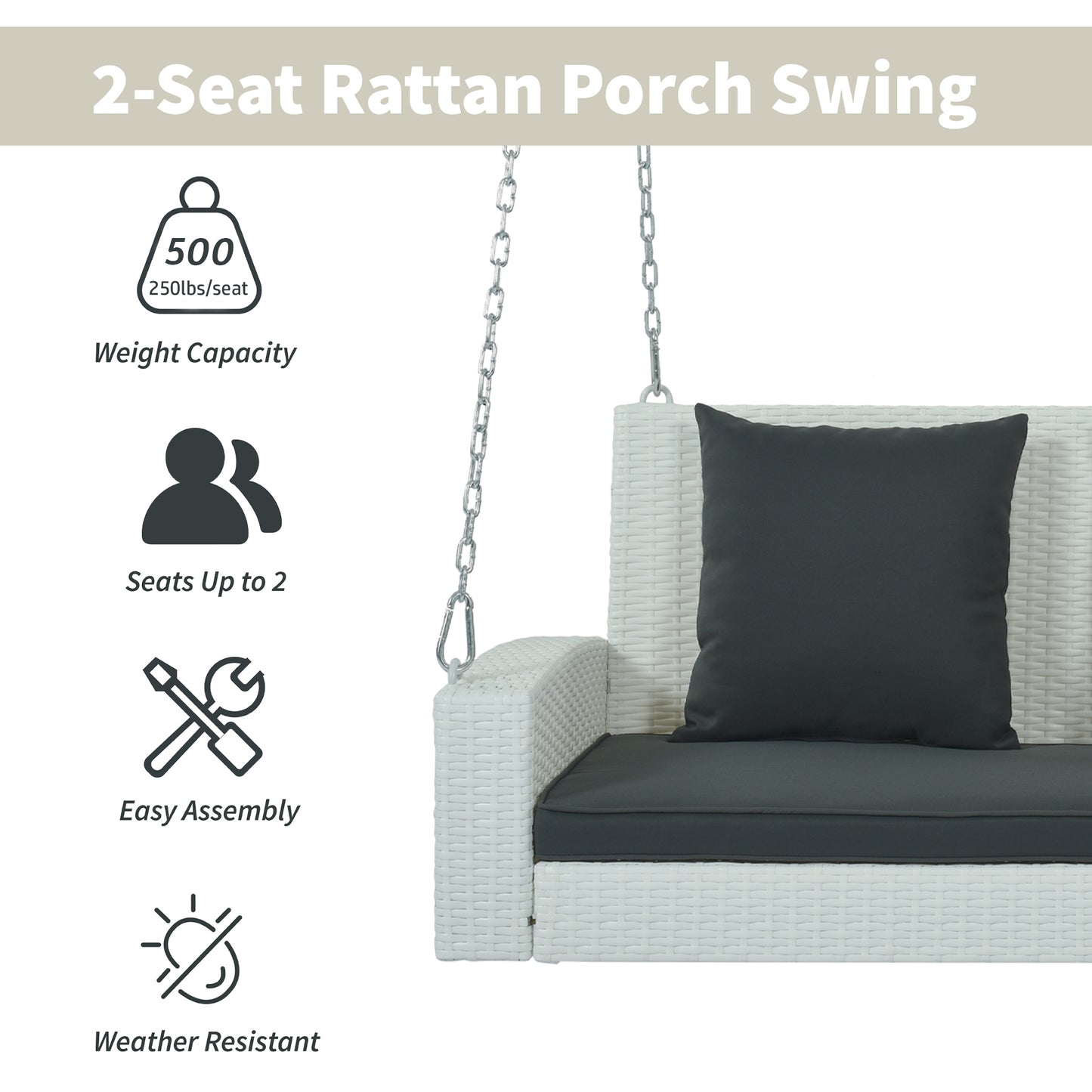 Melysen 2-Person Wicker Hanging Porch Swing with Chains, Cushion, Pillow, Rattan Swing Bench for Garden, Backyard, Pond. (White Wicker, Gray Cushion)