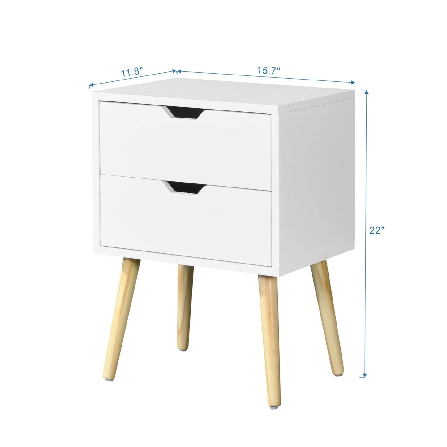 Melysen Side Table with 2 Drawer and Rubber Wood Legs, Mid-Century Modern Storage Cabinet for Bedroom Living Room Furniture, White,White