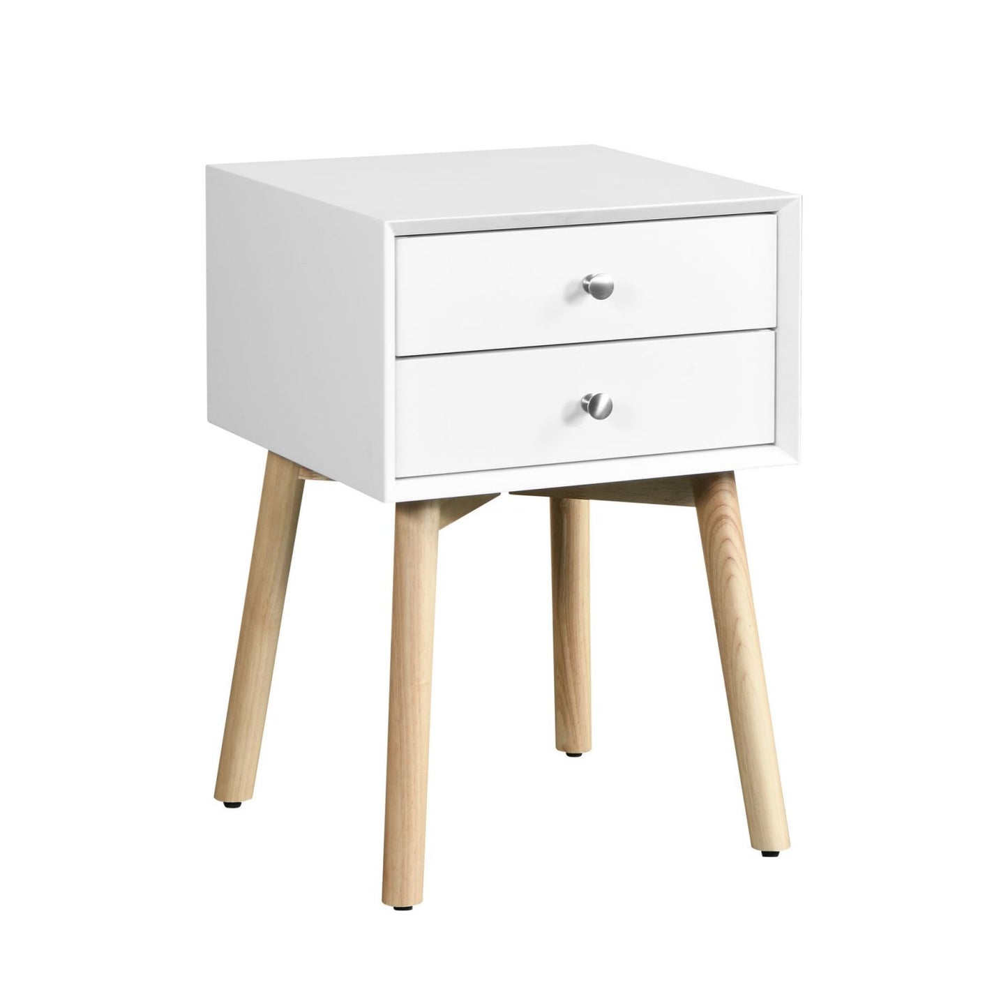 Melysen Side Table,Bedside Table with 2 Drawers and Rubber Wood Legs, Mid-Century Modern Storage Cabinet for Bedroom Living Room, White