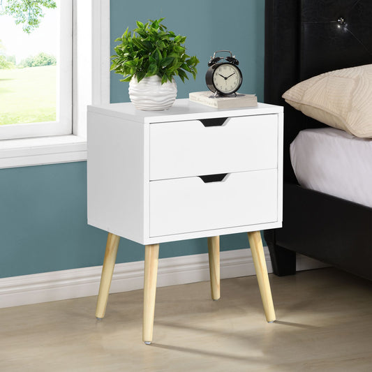 Melysen Side Table with 2 Drawer and Rubber Wood Legs, Mid-Century Modern Storage Cabinet for Bedroom Living Room Furniture, White,White