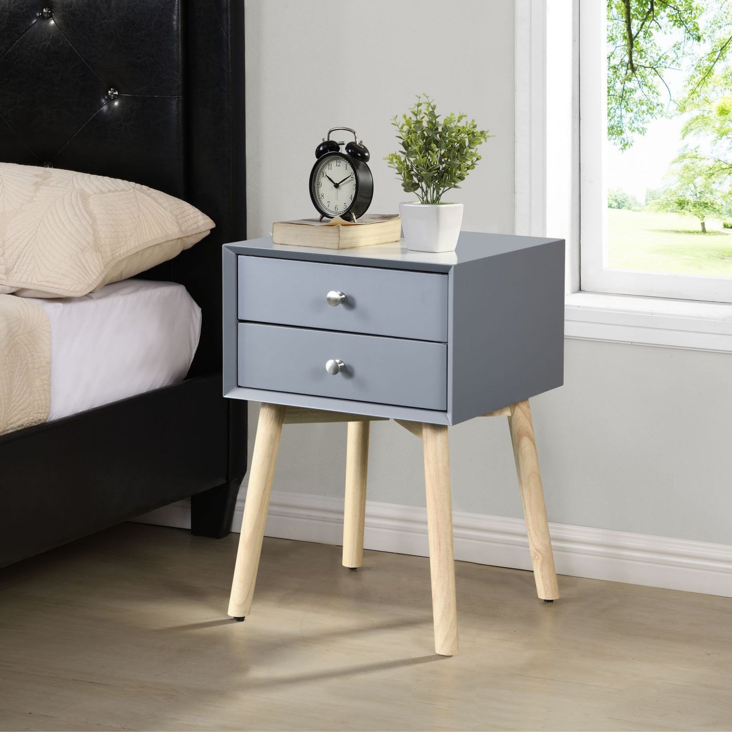 Melysen Side Table,Bedside Table with 2 Drawers and Rubber Wood Legs, Mid-Century Modern Storage Cabinet for Bedroom Living Room, Gray