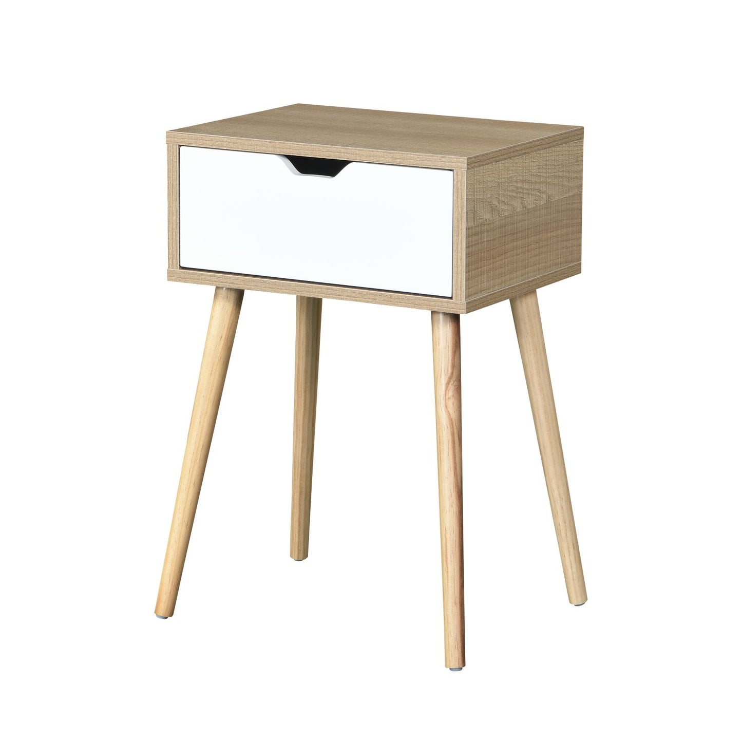 Melysen Side Table with 1 Drawer and Rubber Wood Legs, Mid-Century Modern Storage Cabinet for Bedroom Living Room Furniture, White with solid wood color,Natural