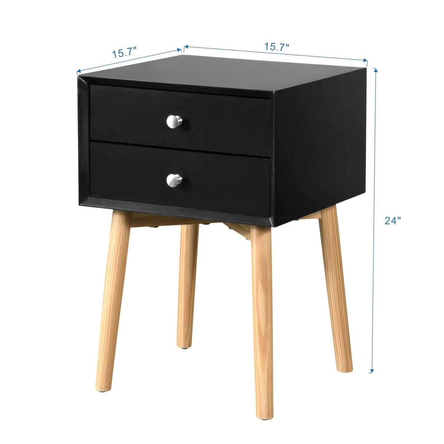 Melysen Side Table,Bedside Table with 2 Drawers and Rubber Wood Legs, Mid-Century Modern Storage Cabinet for Bedroom Living Room, Black,Black