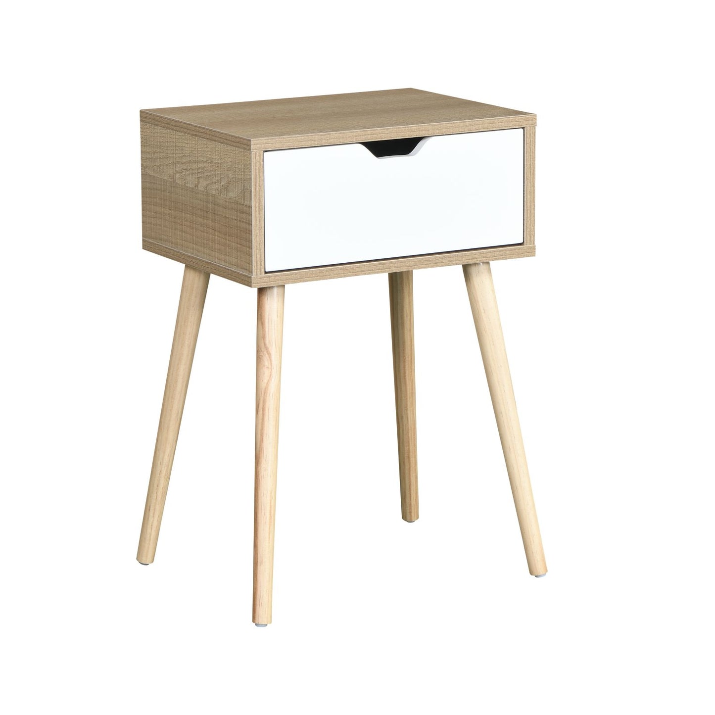 Melysen Side Table with 1 Drawer and Rubber Wood Legs, Mid-Century Modern Storage Cabinet for Bedroom Living Room Furniture, White with solid wood color,Natural