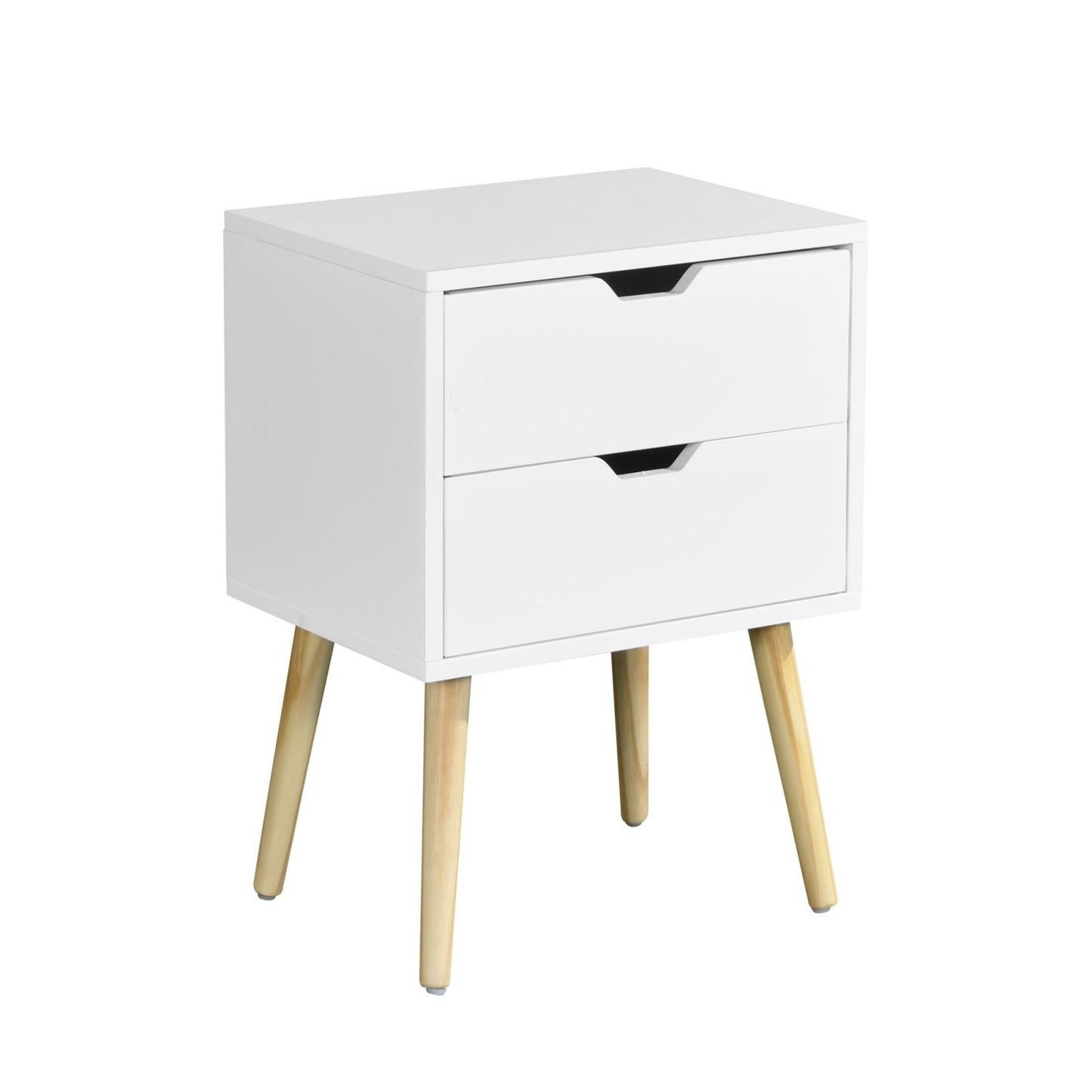 Melysen Side Table with 2 Drawer and Rubber Wood Legs, Mid-Century Modern Storage Cabinet for Bedroom Living Room Furniture, White,White