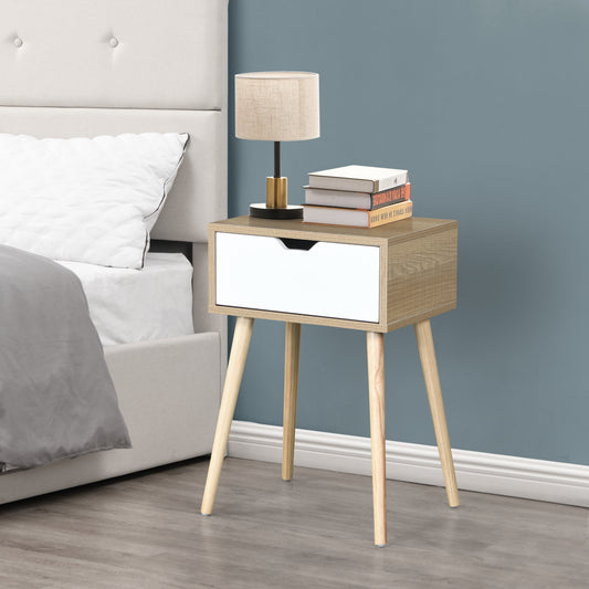 Melysen Side Table with 1 Drawer and Rubber Wood Legs, Mid-Century Modern Storage Cabinet for Bedroom Living Room Furniture, White with solid wood color,Natural