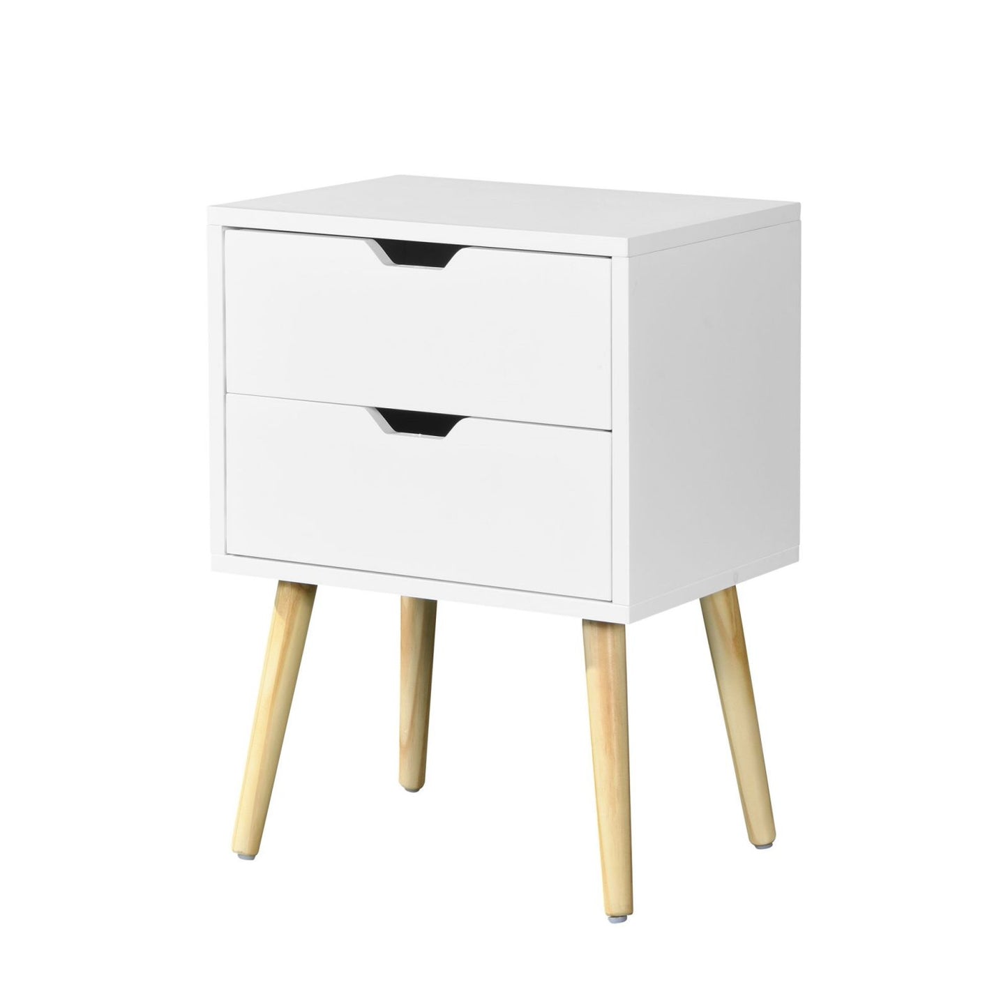 Melysen Side Table with 2 Drawer and Rubber Wood Legs, Mid-Century Modern Storage Cabinet for Bedroom Living Room Furniture, White,White