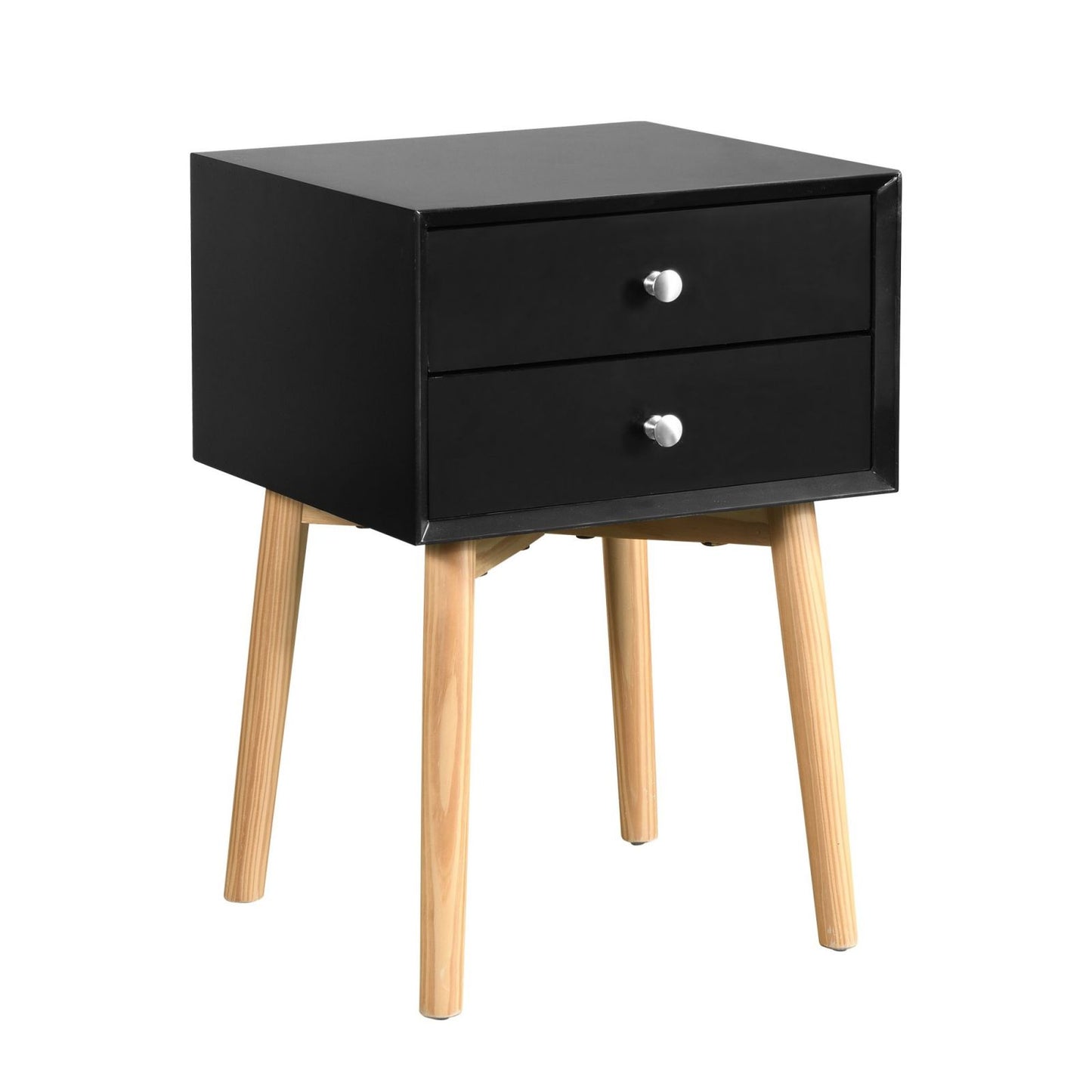 Melysen Side Table,Bedside Table with 2 Drawers and Rubber Wood Legs, Mid-Century Modern Storage Cabinet for Bedroom Living Room, Black,Black