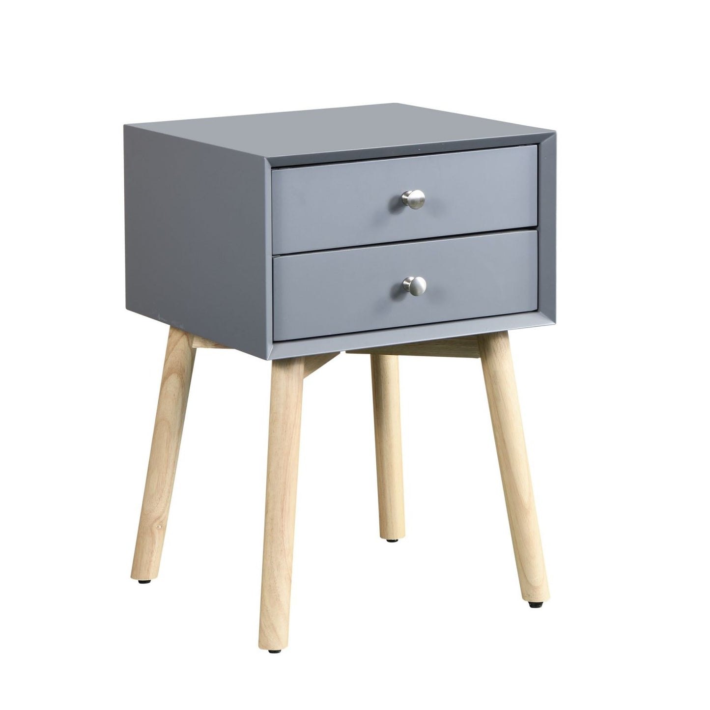 Melysen Side Table,Bedside Table with 2 Drawers and Rubber Wood Legs, Mid-Century Modern Storage Cabinet for Bedroom Living Room, Gray