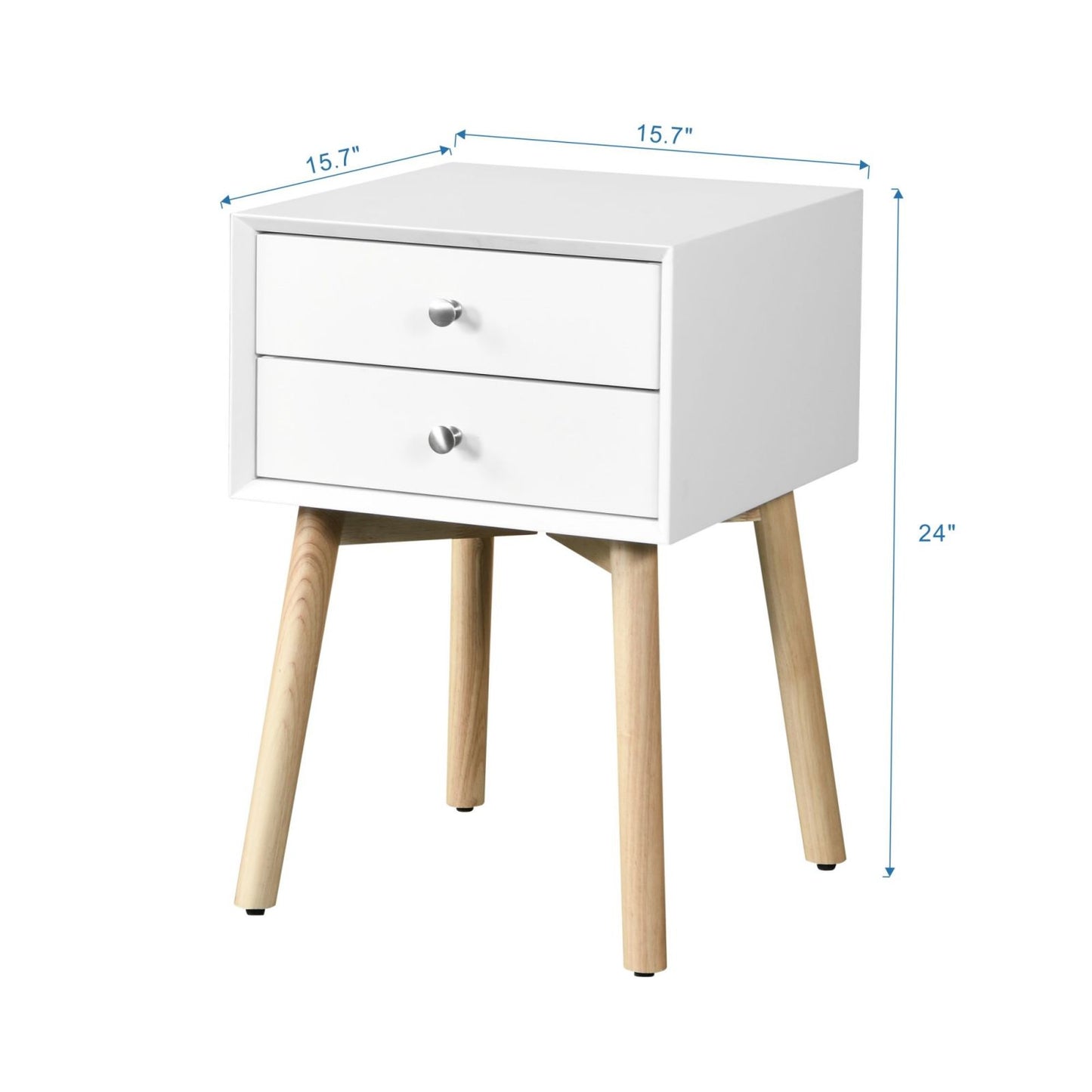 Melysen Side Table,Bedside Table with 2 Drawers and Rubber Wood Legs, Mid-Century Modern Storage Cabinet for Bedroom Living Room, White